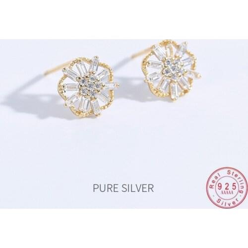 HI MAN 925 Sterling Silver Plated 14K Gold Korean Transparent Crystal Flower Earrings Women Exquisite Simple Birthday Jewelry