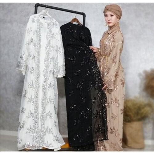 Islamic Clothing Dubai Muslim Arabic Dress Women Sequin Lace Maxi Abayas Long Robe Sash Slim Outwear Kaftan Ramadan Vestidos