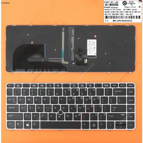US New For HP EliteBook 745 G3 840 G3 848 G3 Laptop Replacement Keyboard Silver Frame Black Key with Backlit & Pointer