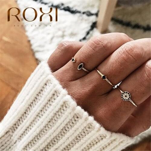 ROXI Simple Moon Star Eyes Open Rings for Women Girls Garden Resizable Finger Rings Anillos Female Jewelry 925 Sterling Silver