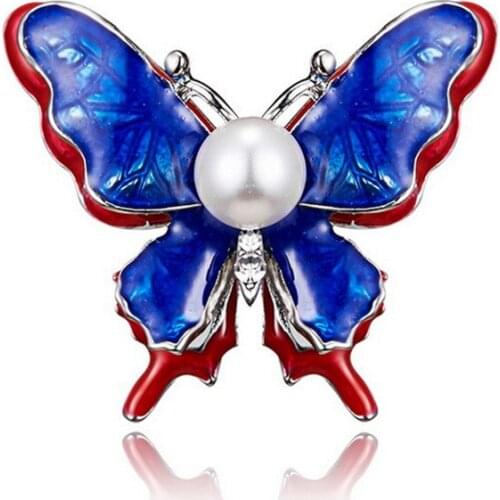 Alloy Rhinestone Pearl Butterfly Brooches For Women Mens Metal Blue Red Enamel Pin Insects Brooch Jewelry Hat Scarf Broche Gift