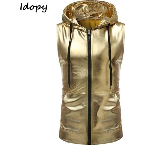 Idopy Fashion Mens Night Club Gold Sliver T-shirt Sleeveless Slim Fit T-shirt With Hoody Homme Coated Metallic Tee Hoodies