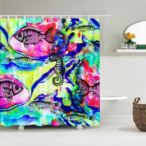 Cartoon Shower Curtains Bathroom Curtain High Quality 3D Colorful Ocean Starfish Shell Fish Waterproof Bath Curtain with Hooks