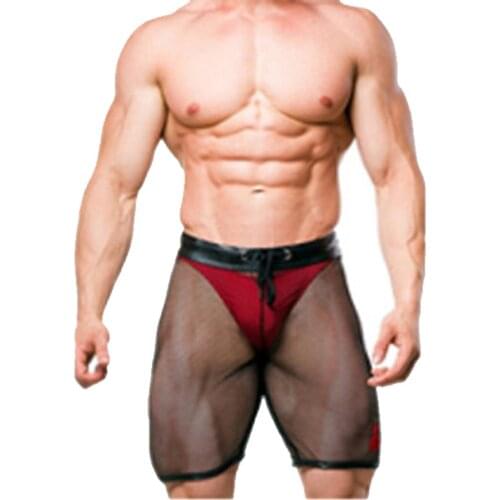 Man Faux Leather Ice Silk Patchwork See Through Mesh Bermuda Casual Shorts Middle Pant Transparent Erotic Seduction Breeches