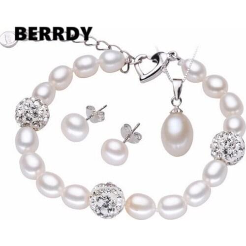 Freshwater Pearl Jewelry Set Bridal Wedding Jewelry Set Bracelet Necklace Earrings Set with Cultured Pearl