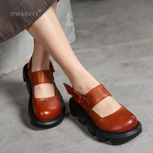 Handmade Leather Light Platform Sandals For Women Mori Girl Style Retro Mary Jane Shoes Coffee/Brown