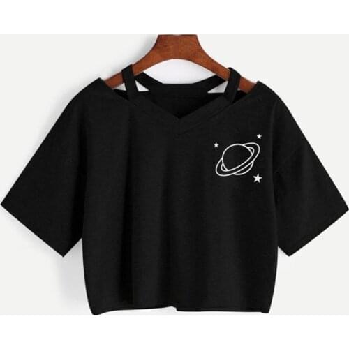 Sexy V-neck tops Pretty Casual Planet Printed Girls Short Sleeve Top Crop T-Shirt summer tops for women Korean Black gothic