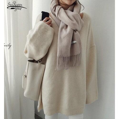 Plus Size Loose V-neck Sweater Women Autumn Winter 2021 Age-reducing Long-sleeve Sweater Solid Tops Simple Bottom Knitwear 16038