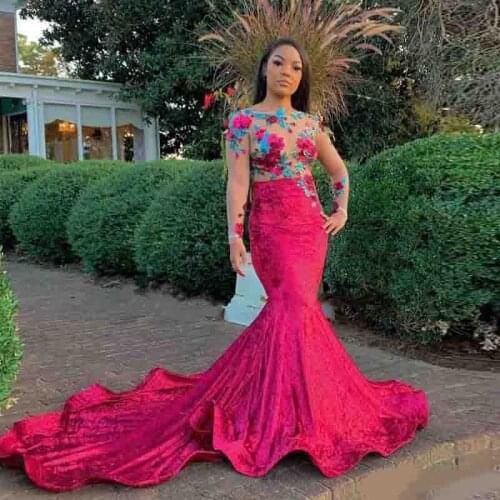 Fuchsia Velvet Mermaid Evening Dresses Sheer Long Sleeve Backless Plus Size Long Sleeve Prom Dress vestidos de fiesta