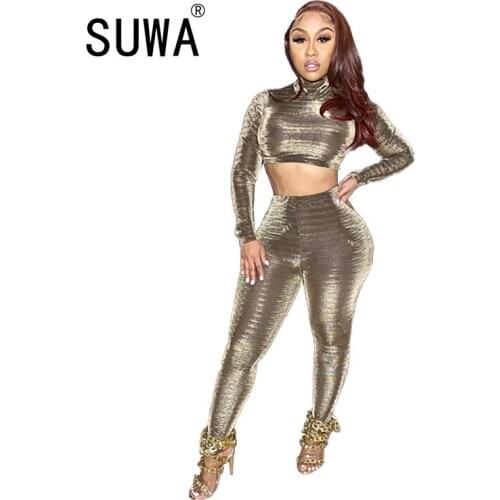 Wholesale Velour tracksuit Turtleneck Long Sleeve Crop Tops & Pants Bottoms Casual Solid Color 2 Piece Sets Womens Outfits