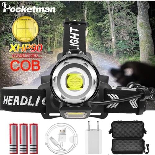 XHP90.2 COB led Headlamp XHP50.2 headlight High Power Head Lamp lantern Zoomable Front Torch with warning lamp 18650 Battery