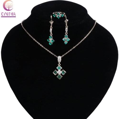Green Crystal Costume Bridal Jewelry Sets Women Pendant&Necklace Rings Set Earrings With Stones Jewelery