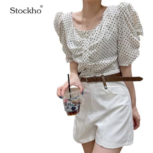 Womens Summer Chiffon Short-Sleeved Shirt 2021 Fashion Womens Short-Sleeved T-Shirt Polka Dot Fluffy Sexy Short Blouse Top