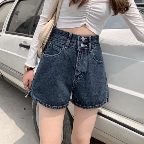 Vintage Split Wide Leg Pants Denim Shorts Women Summer 2021 New Pants High Waist Loose Thin Wild Blue Jeans Shorts Double Button