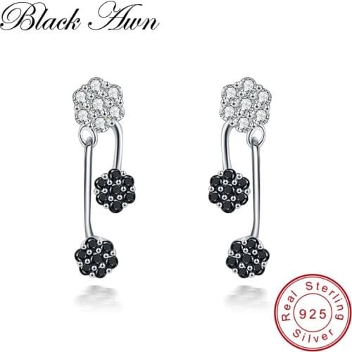 [BLACK AWN] Charm 100% 925 Sterling Silver Jewelry Stud Earrings for Women Female Black&White Stone Earring T168
