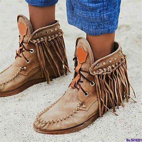 Winter Women Ankle Boots British Style Tube Frosted Tassel Boots Pop Tide Lace-Up Boho Boots Women Cowboy Shoes Botas Mujer