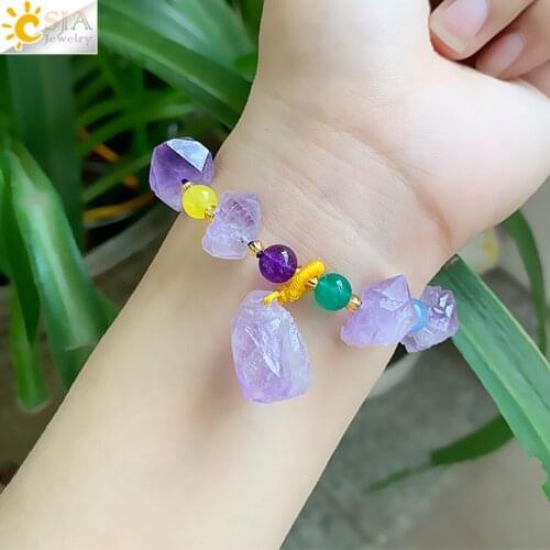 CSJA Natural Stone Purple Crystal Bracelets Reiki Irregular Cold Beads Summer Jewelry Strand Charm Bracelet for Women Girls G521