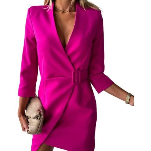 Long Sleeve Stand Collar Elegant Dress Rose Red V Neck Irregular Hem Office Dress for Spring Autumn