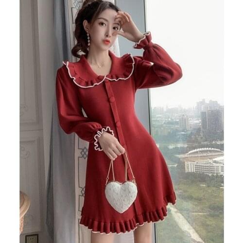 Womens spring and winter new casual knitted dresse doll collar knitted dress female peter pan collar buttons dress