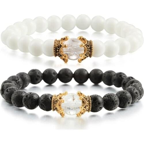 8mm Fashion Charm Bracelet Luxury Golden Crown Bead Elasticity Bangles for Men Natural Black Lava Stone Beaded Bracelets Jewelry