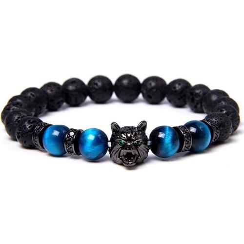 Save A Wolf Bracelet, Wolf Head Lava Bracelet Energy Stone Beaded Bracelet Rhinestone Heart Multicolor Charms Bracelet Jewelry