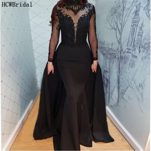 Black Mermaid Arabic Evening Dress Long Sleeves See Through Exquisite Beading Lace Long Formal Dresses Party Gowns Abendkleider