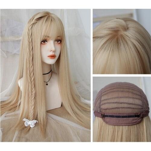 Gradient Wig Female Hair Air Bangs Long Straight Hair Wig granny gray/gold/orange Synthetic Heat-resistant Wig