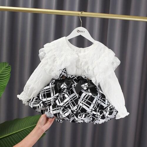 2021 Children Spring Baby Clothing Sets Lace Collar Bubble Sleeve Blouse + Printed Suspender Tutu Skirts 2 Pieces Set