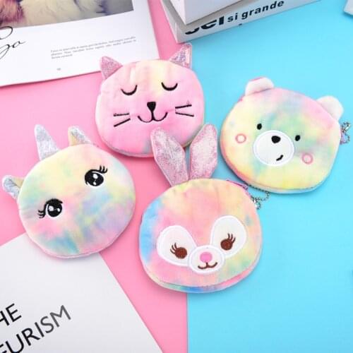 Cartoon Plush Unicorn Coin Purse Cute Cat Fur Circle Wallet Girl Clutch Embroidered Bag Key Earphone Organizer Pouch Kids Gift