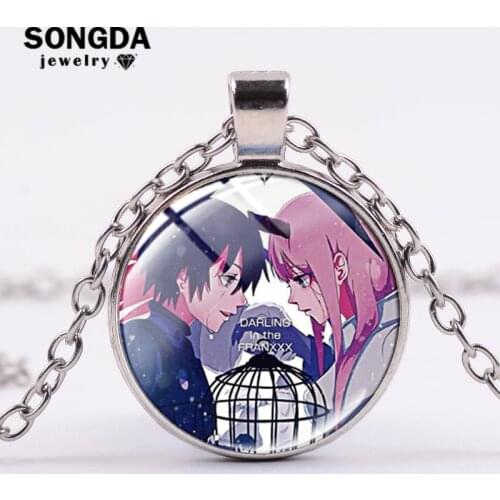 SONGDA New Anime DARLING In The FRANXX Necklace Hiro Zero Two Figure Transparent Glass Dome Pendant Necklace Gift for Otaku Fans