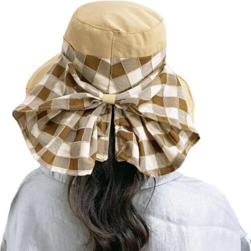Fashion Women Bucket Hat UV Protection Double Side Plaid Bow Superlarge Brim Foldable Bucket Hat Sun Cap Outdoor