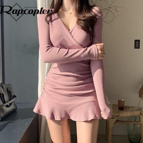 Rapcopter Solid Mini Dress Sweet Ruffles Dress Y2K V Neck Short Dress Ruch Bodycon Dress 90s Women Partywear Spring Dress Korean