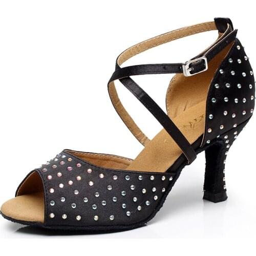 Women Rhinestone Latin Dance Shoes Girls Black Bachata Salsa Ballroom Dancing Shoes for Party Wedding Ladies High Heel Shoes