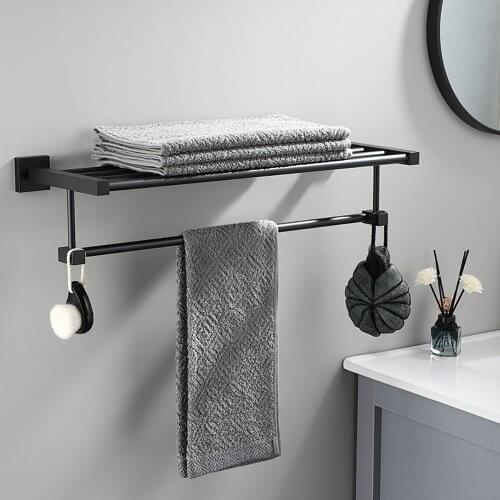 Bathroom Accessories Organizer Hanger Black Space Aluminum Band Rod Towel Holder Wall-Mounted Storage Shower Rack Wall Shelf