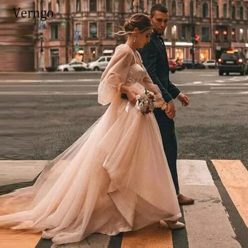 Verngo Champagne Wedding Dress Long Puff Sleeves Tulle A Line Vintage Bride Gowns Country Rustic 2021 Bridal Dress Plus Size