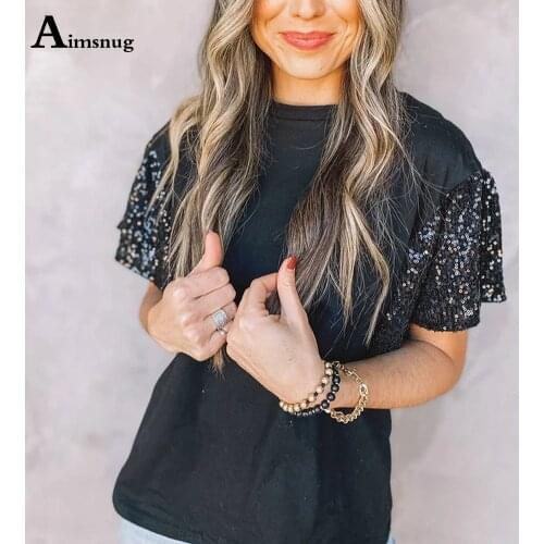 Plus Size Ladies Elegant New Patchwork Sequined Fashion Shirt Womens Top 2021 Summer Casual O-neck Tees Clothing Femme 3XL