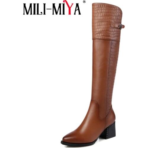 MILI-MIYA Fashion Women Knee High Boot Genuine Leather Autumn Winter Warm High Heels Shoes Sexy Party Shoes Woman Big Size 34-42