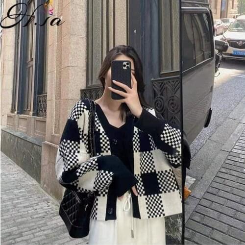 H.sa Sweater Womens Fall Winter Outer Wear 2021 Patchwork Black and White Plaid Loose Casual Knitted Cardigan Sweater Coat