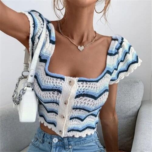 Women Tops White Blue Knit Crop Top Women Striped Button Up Shirt Summer 2021 Short Sleeve Crochet Ladies Cardigans Tops Casual