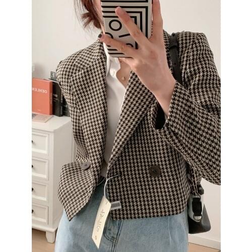 Spring Autumn Womens Vintage Plaid Crop Blazer Top Chic Elegant Office Weay Suit Outwear Ladies Streetwear Suit Jacket