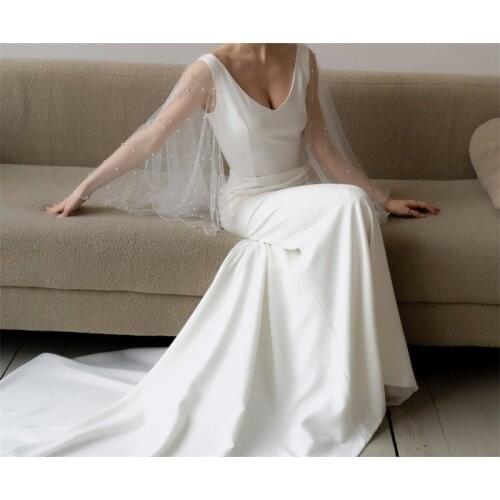 Simple V-Neck Cape Sleeve Bridal Gown Sheath Pearl Wedding Dress Satin Boho Backless Romantic vestidos de mairee Wedding Dress