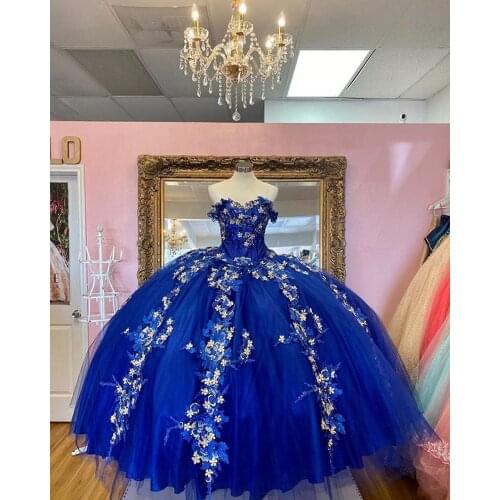 2020 Royal Blue Ball Gown Quinceanera Dresses Beaded 3D FLowers Sweet 16 Dress Girls Party Gowns vestidos de quinceañera