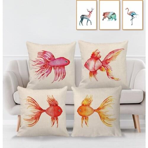 Goldfish Series Cushion Cover Painted Goldfish Pattern Digital Printing Linen Pillowcase Pillow Covers Decorative