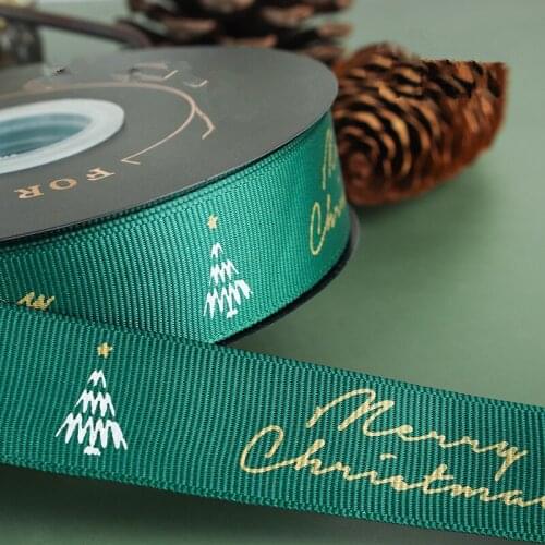 25mm 50yards Christmas Ribbon Gold Stamp Christmas Tree for Bow Pin Hair Accessory Flower Gift Box Wrapping Crafts Packing DIY