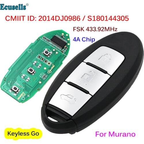 3 Buttons Smart Remote Key Keyless-Go FSK 433.92 MHz 4A Chip for Nissan Murano CMIIT ID: 2014DJ0986 / S180144305