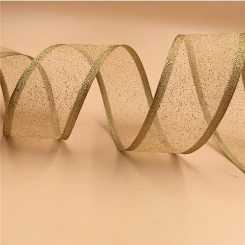 38MM X 25yards roll lurex glitter gold organza sheer ribbon for gift box wrapping wired edge ribbon N2237