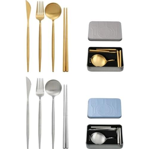 4 Pcs/Set Portable Reusable Travel Cutlery Set Stainless Steel Knife Fork Spoon and Chopsticks with Storage Case