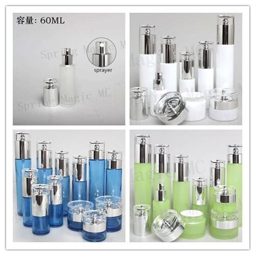 60ML empty Frosted/White/Green/Blue Glass Bottle With Shiny Silver Lid For Skin Care Lotion/Perfume/Foundation Cosmetic Containe