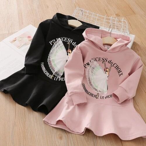2021 Spring Autumn 2 3 -8 10 Years Childrens Clothing Kids Casual Hooded Dress Cartoon Letter Long Design Sweatshirt For Girls