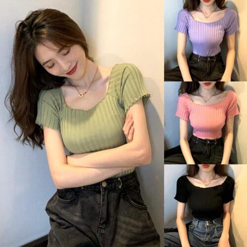 T Shirts women summer Fashion Short Sleeve Off Shoulder Wavy Brims Slim Knitted T-shirt Top Female Streetwear fashion clothes